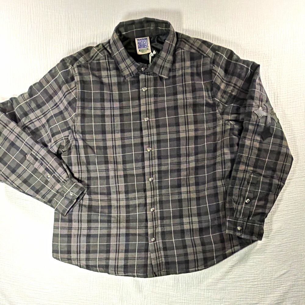Maison Article Men's M Gray/Black Plaid Flannel Quilted Lined Button-Up MAFS103